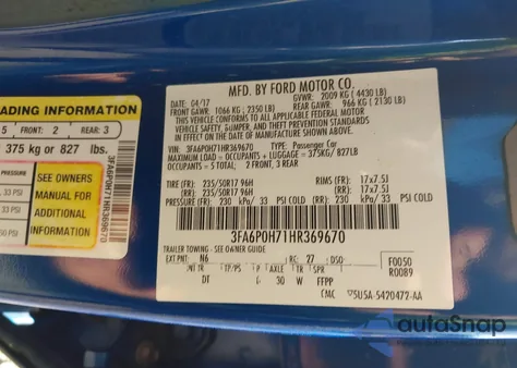 2017 Ford Fusion Se from USA, damaged, VIN 3FA6P0H71HR369670